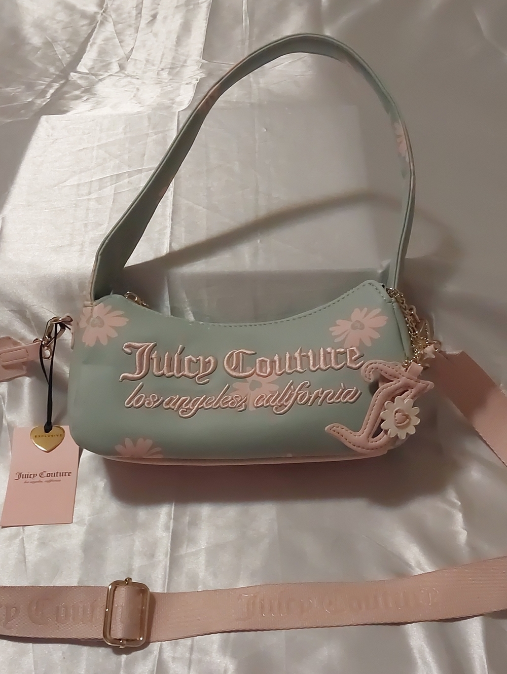 New Juicy Couture Mint Shoulder Bag with Pink Daisy Accents